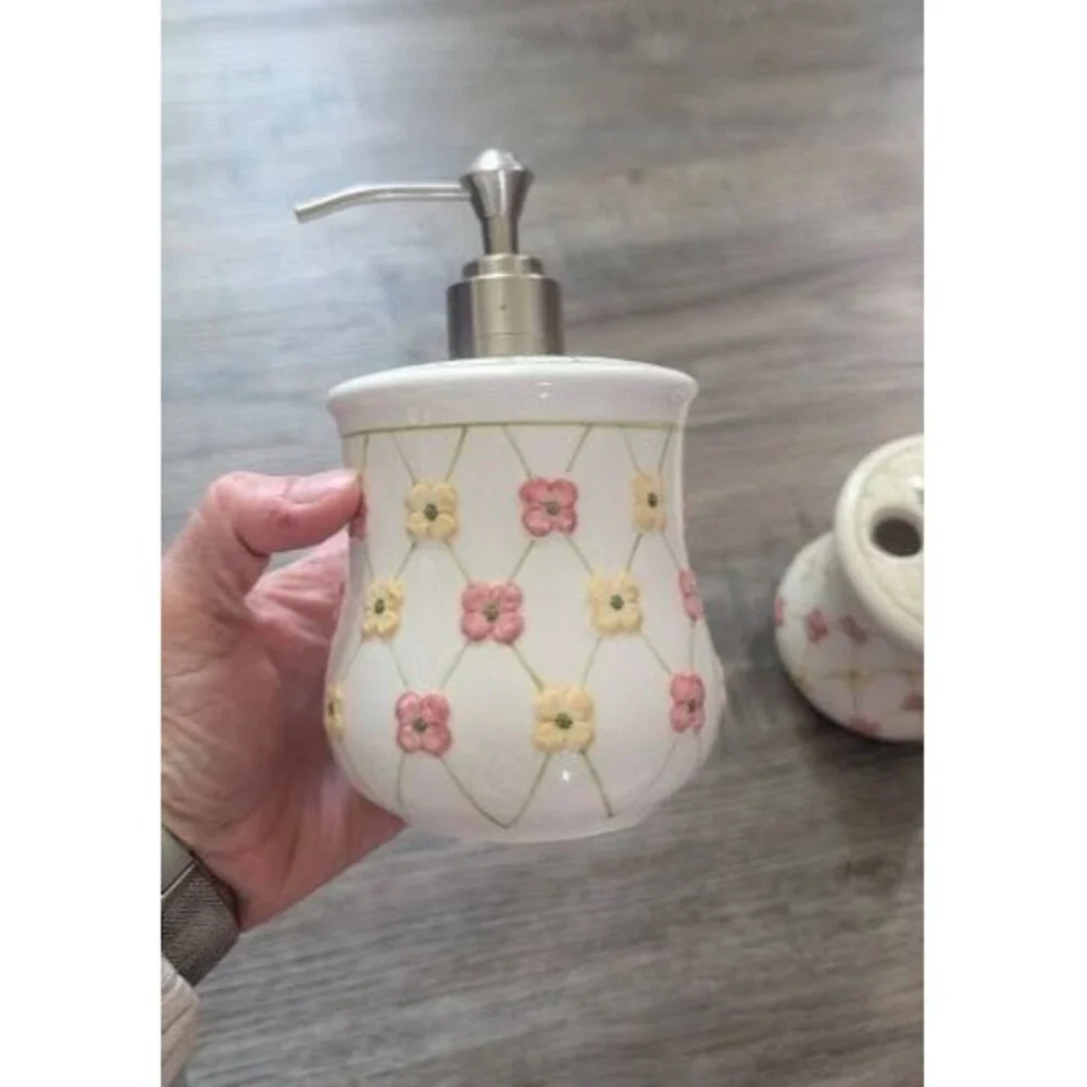 Longaberger Dainty Dogwood hand-painted stoneware soap dispenser  tumbler set